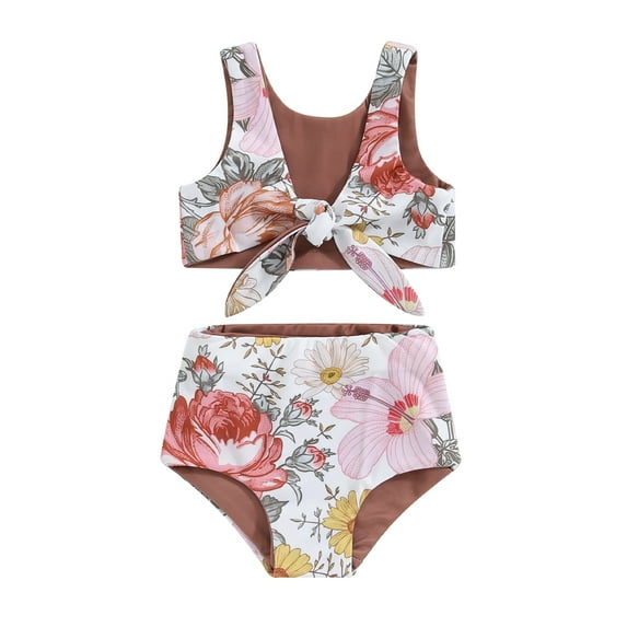 Gureui Kids Girl Two Piece Swimsuits Summer Striped/Floral Print Knotted Tankini and Elastic Shorts Set Bikini Bathing Suits