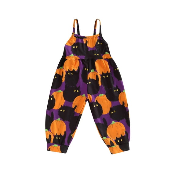 Gureui Kids Girls Halloween Romper,Ghost/Cartoon Cat Pumpkin Print Sleeveless Sling One-Piece Jumpsuit