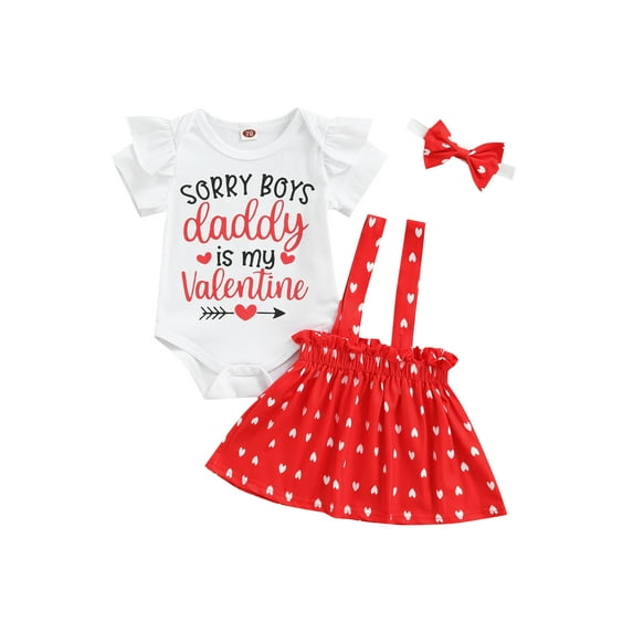 Gureui Newborn Baby Girl Valentine's Day Outfit Ruffle Long/Short Sleeve Letter Print Romper Top Suspender Strap Skirt Clothes Set