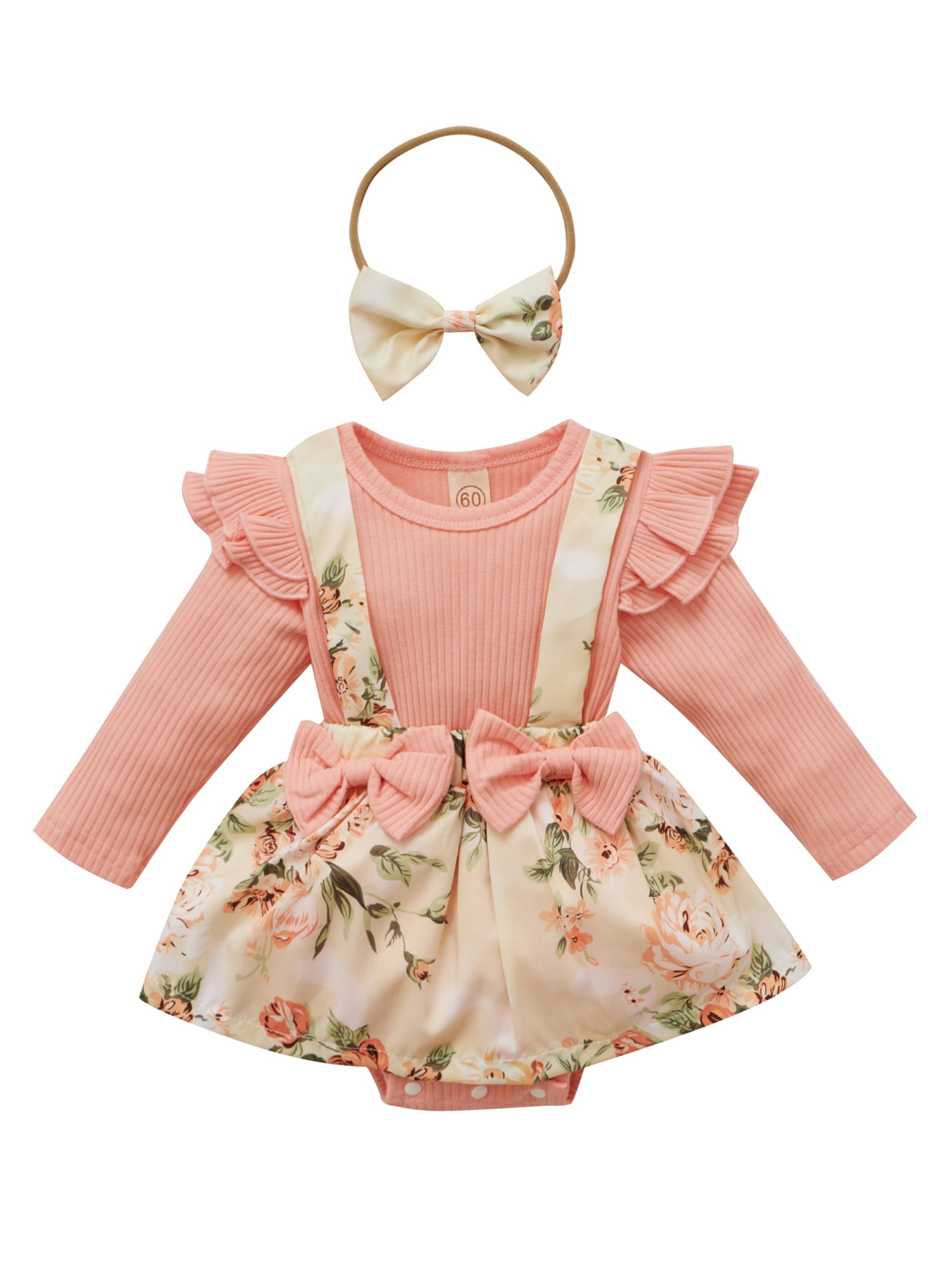 Gureui Newborn Baby Girls Bodysuit Dress Outfits Ruffles Long Sleeve with Headband Overalls