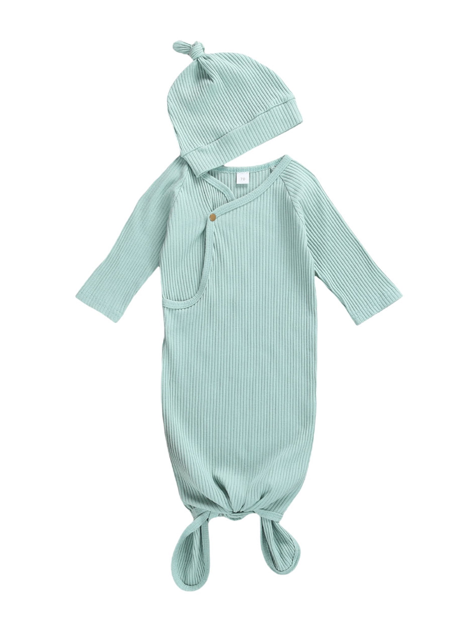 Gureui Newborn Infant Baby Girl Boy Knotted Gown Set Sleeper Nightgown with Hat Outfit Clothes