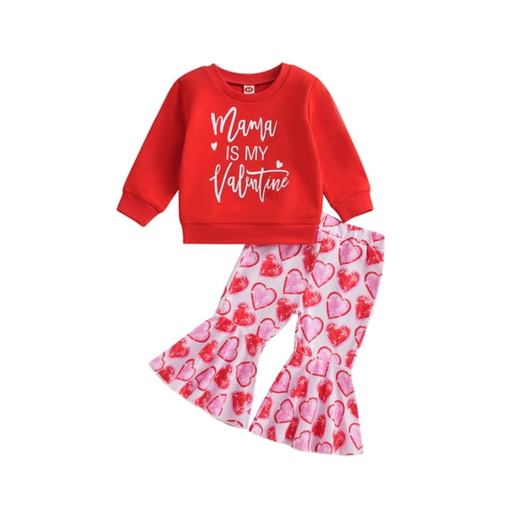 Gureui Newborn Toddler Baby Girls Spring Autumn Valentine's Day Outfits Long Sleeve Letter Print Pullover + Heart Print Flared Pants Sets