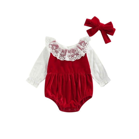 Gureui Toddler Baby Girls Valentine's Day 2Pcs Clothes Set, Wine Red Long Sleeve Lace Hem Romper and Headdress, 0-24 Months