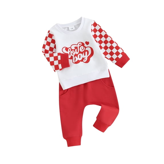 Gureui Toddler Boys Valentine's Day Outfits Letter Heart Print Checkerboard Long Sleeve Sweatshirts and Long Pants 2Pcs Clothes Set