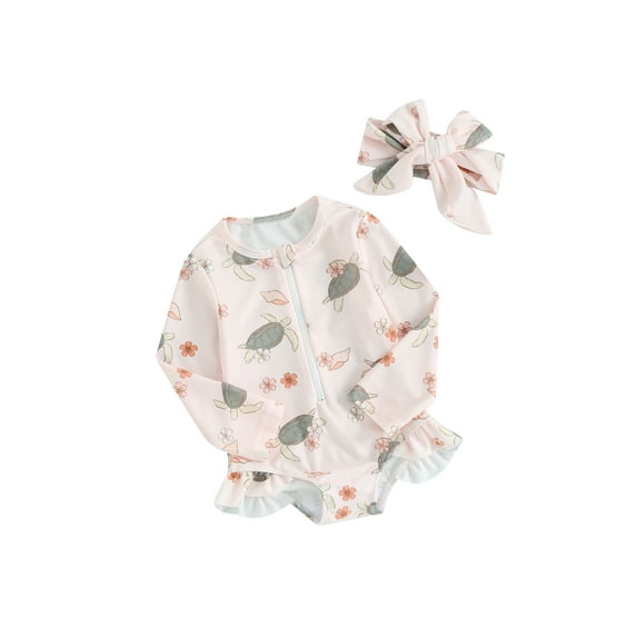 Gureui Toddler Girls Rash Guard Bathing Suit Watermelon/Daisy Print Long Sleeve Ruffled Zipper Swimsuits