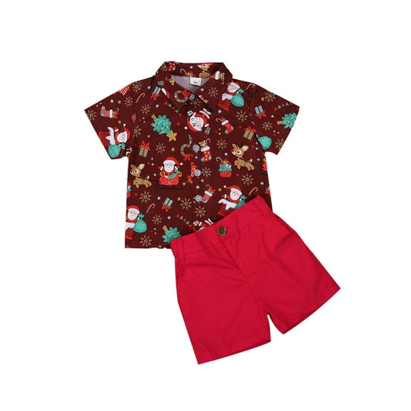 Gureui Toddler Infant Baby Boys Girls Casual Christmas Suit, Cute Polo Neck Short Sleeve Santa Printed Top+Solid Color Short Pants 2Pcs Set