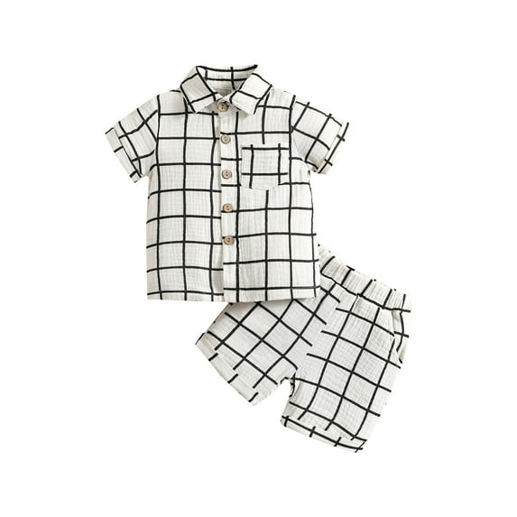 Gureui Toddler Infant Baby Boys Outfit Suit,Contrast Color Plaid Lapel Short Sleeve Buttons Shirt Tops with Shorts 2Pcs Clothes Set