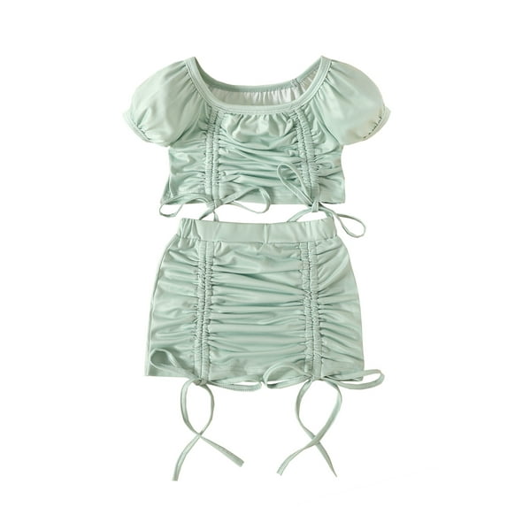 Gureui Toddler Infant Baby Girls Outfits, Solid Color Tie-Up Straps Pleated Clothes Suit + Short Puff Sleeve Crop Tops + Elastic Waist Skirt 2Pcs Clothes Set