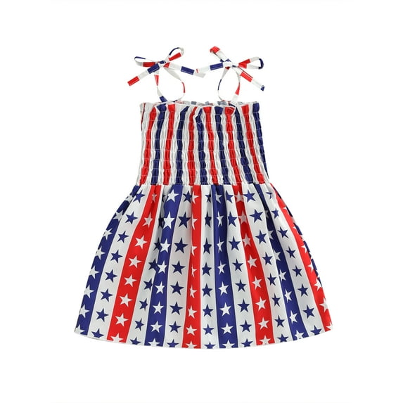 Gureui Toddler Infant Baby Girls Summer A-line Dress,Tie-up Smocked Butterfly/ Heart/ Star Stripe Print Spaghetti Strap One-piece