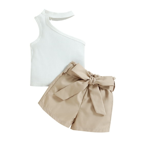Gureui Toddler Infant Baby Girls Three Pieces Outfit, Halterneck Oblique Shoulder Sleeveless Vest + Shorts + Waist Belt Clothes Set