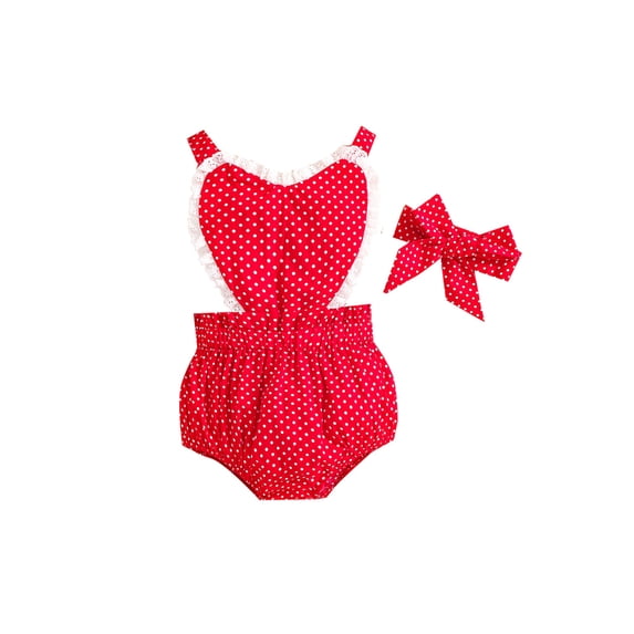 Gureui Toddler Infant Baby Girls Valentine's Day Clothes Set, Heart Printed Pattern Sleeveless Deep V-neck Romper and Headdress Outfit Set