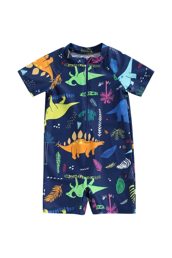 Toddler Kids Boys One-Piece Romper Swimsuit, Summer Short Sleeve Cartoon Animal Sun Protection Bathing Suit