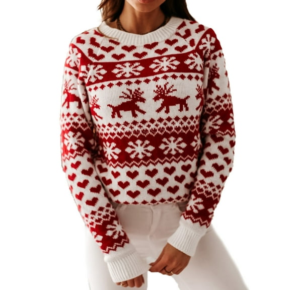 Gureui Woman's Christmas Sweater,Long Sleeve Elk Snowflake Printed Round Neck Casual Thick Loose Knitted Pullover Tops for Holiday/Party