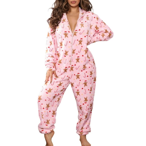 Gureui Women Fleece One Piece Jumpsuit Pajamas Long Sleeve Hooded Zipper Onesie Romper Holiday Sleepwear Loungewear