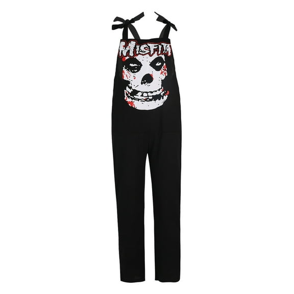 Gureui Women Gilrs Loose Long Jumpsuits, Casual Skull Black Cat Print Sleeveless Strap Wide Leg Full-length Bib Pants for Summer/Spring/Fall