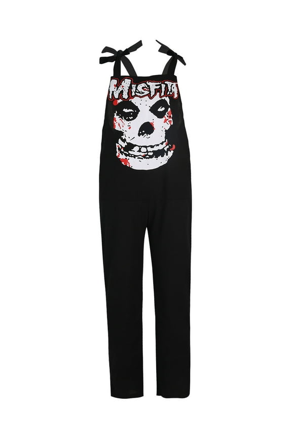 Women Gilrs Loose Long Jumpsuits, Casual Skull Black Cat Print Sleeveless Strap Wide Leg Full-length Bib Pants for Summer/Spring/Fall