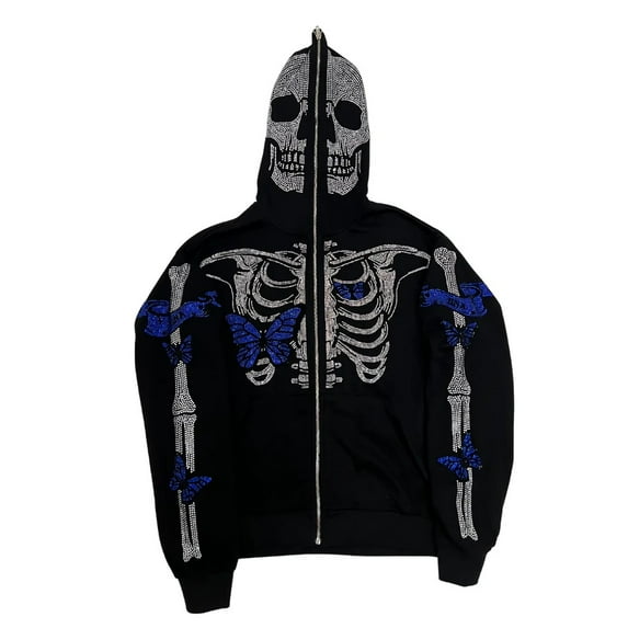 Gureui Women Men Coat, Casual Rhinestone Gothic Skull Butterfly Print Patterns Full Zipper Long Sleeve Oversized Hooded Jacket Sweatshirt for Spring Fall