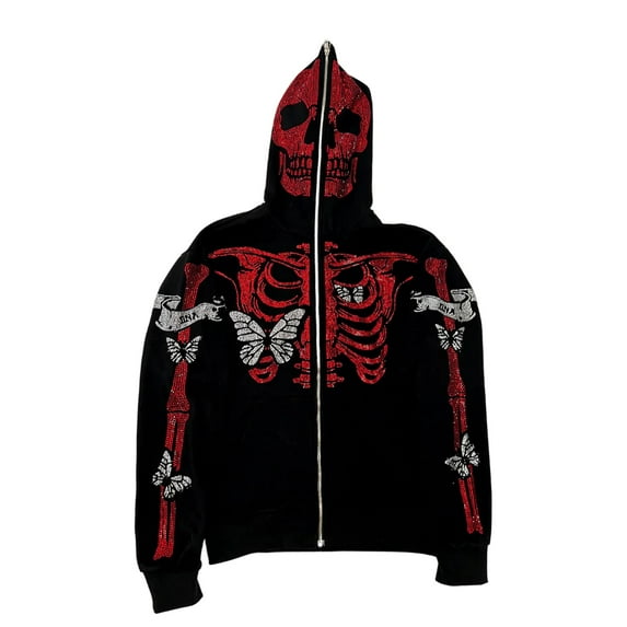 Gureui Women Men Coat, Casual Rhinestone Gothic Skull Butterfly Print Patterns Full Zipper Long Sleeve Oversized Hooded Jacket Sweatshirt for Spring Fall