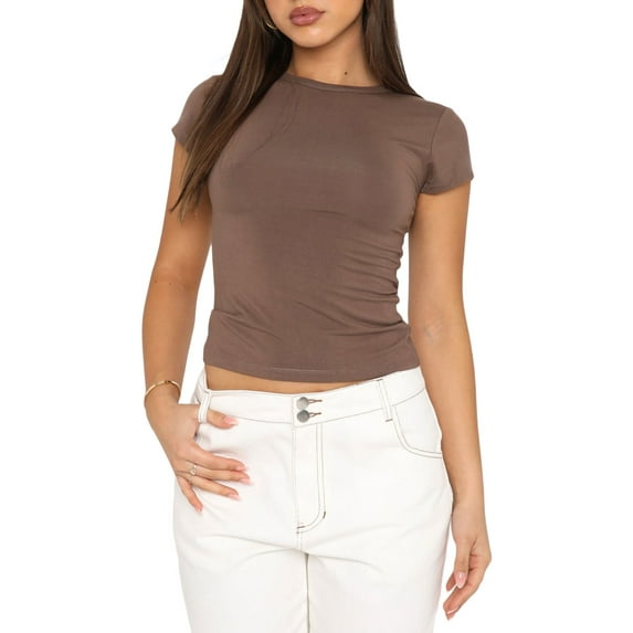 Gureui Women Short Sleeve Slim Cropped T-shirt Tops Solid Color Round Neck casual Basic Pullover Tank Tops Streetwear