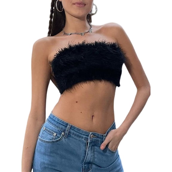 Gureui Women Sleeveless Feather Furry Vest Tube Tops Off Shoulder Solid Plush Patchwork Back Zipper Tank Top for Party Nightclub Clubwear