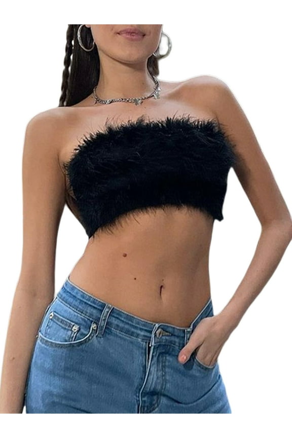 Women Sleeveless Feather Furry Vest Tube Tops Off Shoulder Solid Plush Patchwork Back Zipper Tank Top for Party Nightclub Clubwear