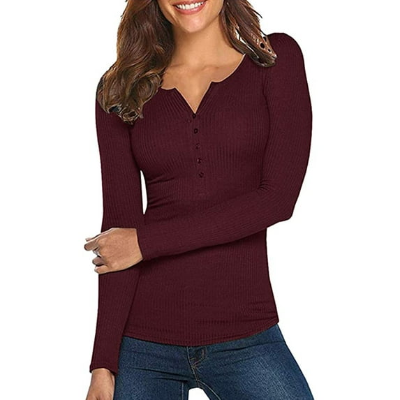 Gureui Women Spring T-Shirt, Solid Color Ribbed Henley Neck Long Sleeve Slim-fitting Pullover for Girls, 7 Colors
