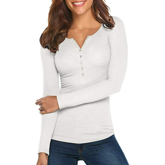 Gureui Women Spring T-Shirt, Solid Color Ribbed Henley Neck Long Sleeve Slim-fitting Pullover for Girls, 7 Colors
