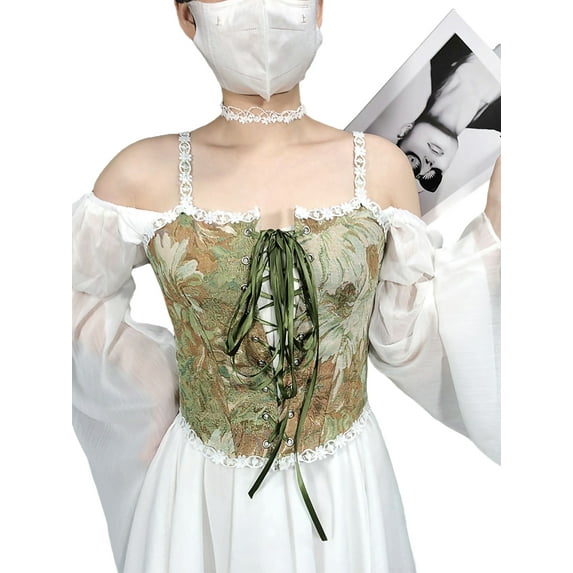 Gureui Women Vintage Bustier Corset Flower Embroidery Pattern Sexy Lace Up Camisole Drawstring Tight Vest Suspender Bandage Tank Tops
