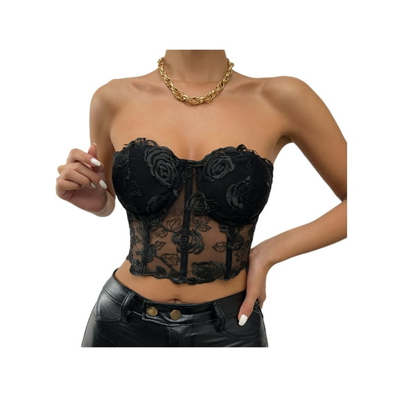 Gureui Women's Bustier Tube Tops, Embroidery Flower See Through Off Shoulder Bodycon Club Party Tank Tops Dailywear