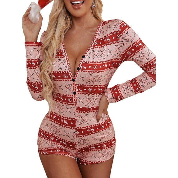 Gureui Women's Christmas Pajama, Casual Stripe/ Snowflake/ Elk/ Plaid print/ Tree/ Crutch Printed Pattern V-neck Long Sleeve Bodycon Playsuit, Red/ Wine Red/ Navy/ Black
