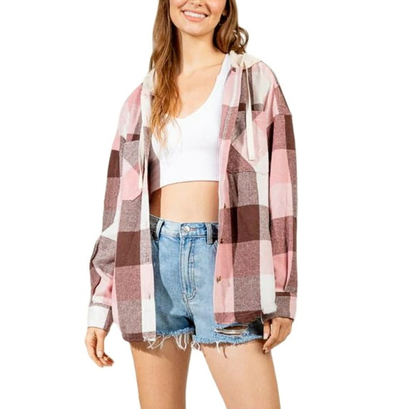 Gureui Women's Classic Plaid Pattern Jacket, Casual Long Sleeve Hooded Button Closure Fall Tops with 2 pockets Street wear