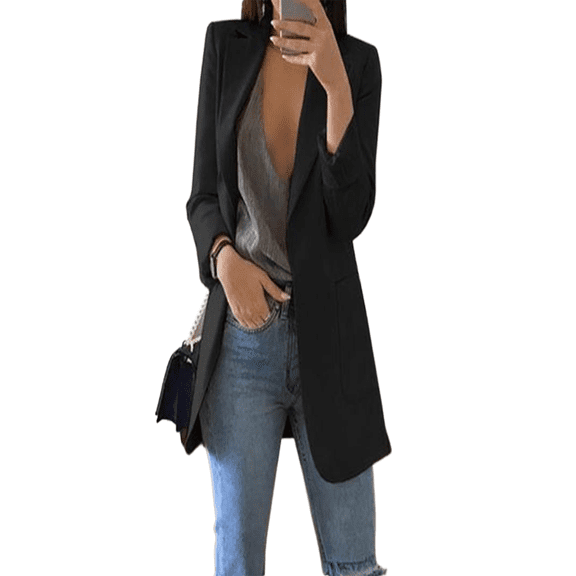 Gureui Women's Elegant Blazer Jacket Suit Casual Solid Color Long Sleeve Lapel Open Front Office Work Business Cardigan Coat Outwear