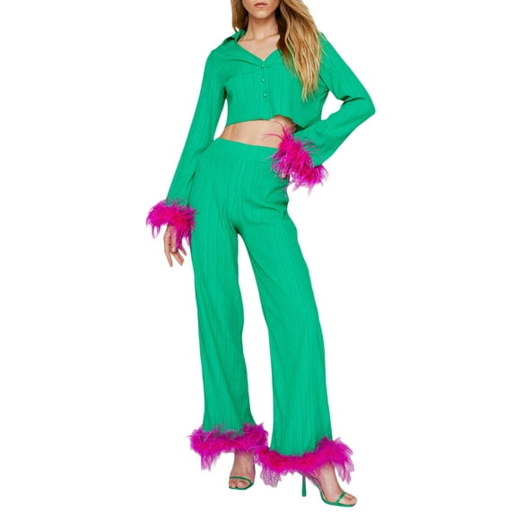 Gureui Women's Fall Outfits,Casual Feather Trim Long Sleeve Button Up Shirt Tops + Loose High Waist Wide Leg Pants 2Pcs Clothes Set