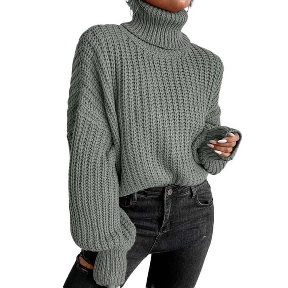 Gureui Women's Fall Winter Casual Turtleneck Knitted Sweaters, Vintage Long Sleeve Drop Shoulder Solid Color Loose Pullover Tops Streetwear