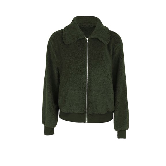 Gureui Women's Fall Winter Coat, Long Sleeve Solid Color Zipper Up Folded Collar Warm Fluffy Fleece Spring Casual Sweater Jacket Outfit