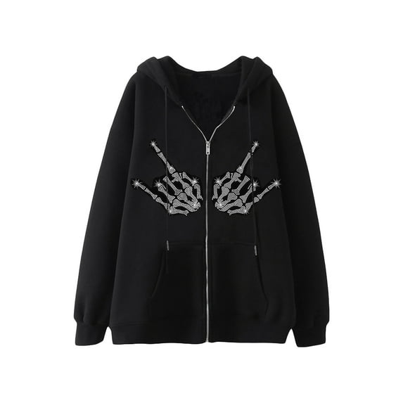 Gureui Women's Hooded Sweatshirt, Casual Rhinestone Skull Finger Pattern Long Sleeve Zip Up Jacket for Spring Autumn Winter Streetwear