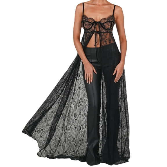 Gureui Women's Sexy Sheer Mesh Long Beach Dress Deep V Neck Sleeveless Backless Lace Tie Up Split Bikini Cover Up Beachwear
