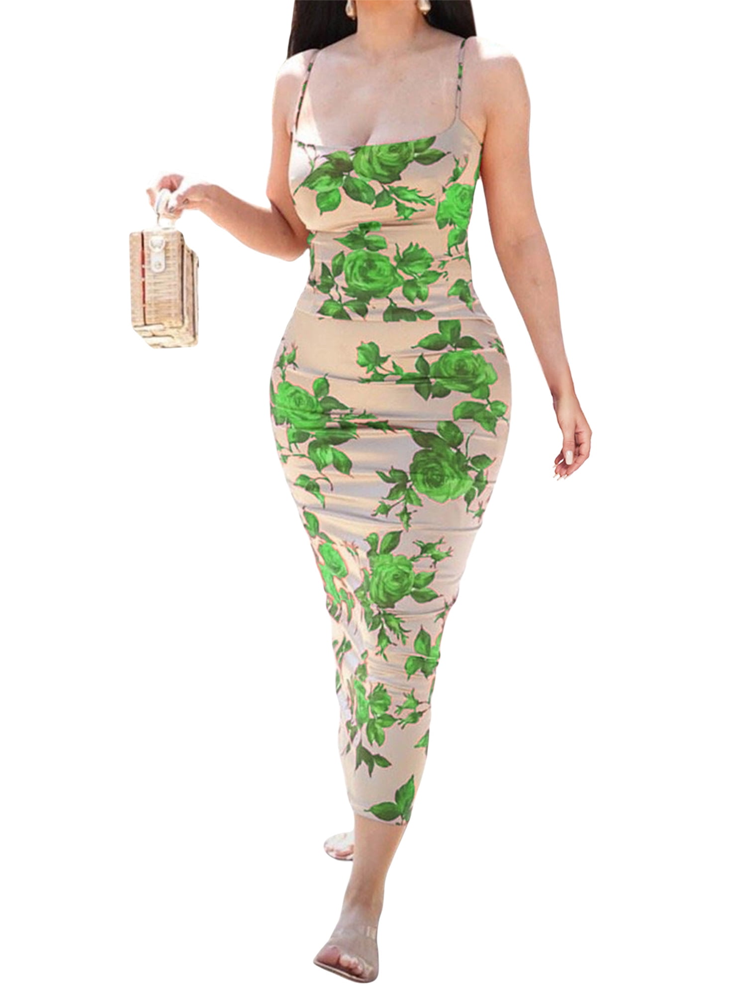 Gureui Women s Slip Dress Casual Flower Pattern Printed Sleeveless Spaghetti Strap Low Cut Slim Fit One Piece Summer Long Dresses Outfit Walmart
