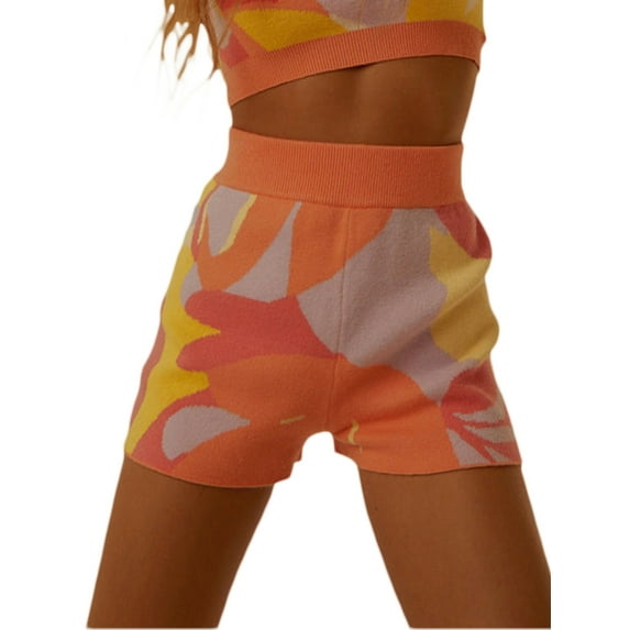 Gureui Women's Two Pieces Clothes Outfit, Strap Sleeveless Printed Knitted Crop Tank Tops + Elastic Shorts