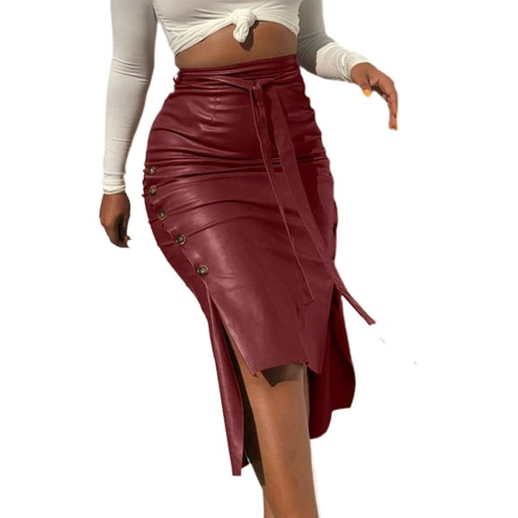 Gureui Women´s Vintage Faux Leather Midi Skirt, Solid Color High Waist Button Trim Slit Irregular Hem Bodycon Pencil Skirt with Belt Streetwear