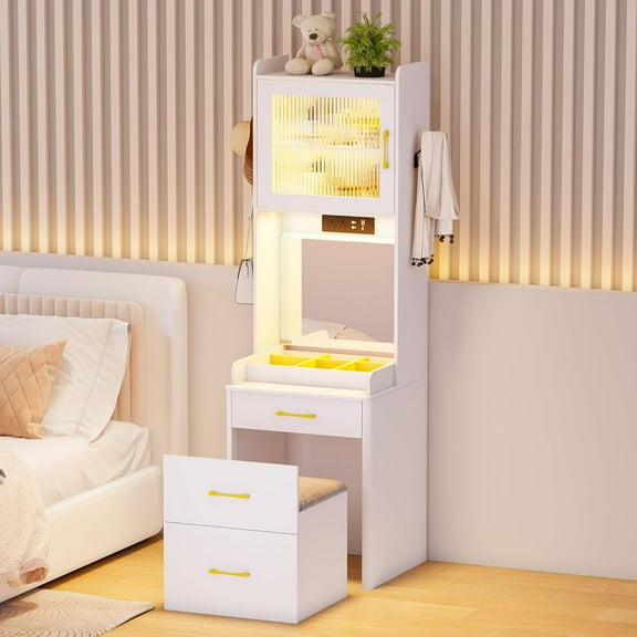Gurexl 3 in 1 Vanity Desk with Human Sensor LED Light,Tall Makeup Vanity Set with 2 AC Outlets & USB-C,Make Up Vanity Desk with Flip-up Mirror,Jewelry Box,Cushioned Tool,2 Drawer,Bedroom