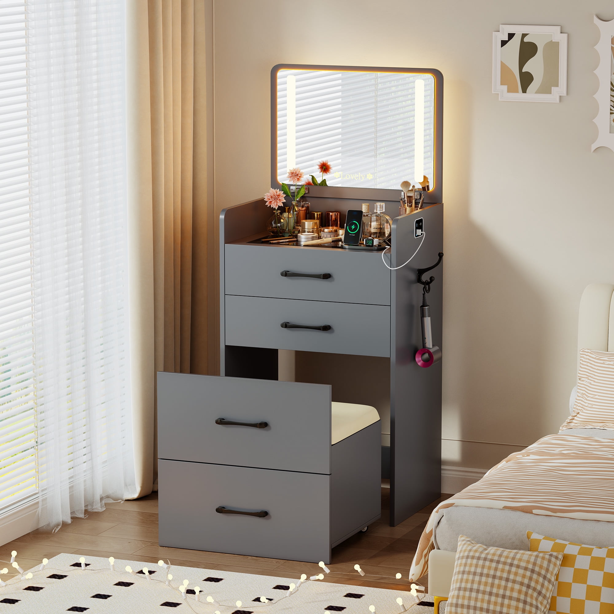 Gurexl 3 in 1 Vanity Desk with Plip Top LED Mirror,Small Dressing Table ...