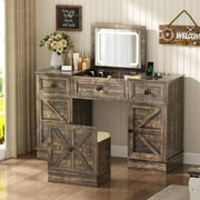 Gurexl 3-in-1 Vanity Desk with 3-Color Lights and Mirror,47.2 W Makeup Vanity Set with Charging Station,LED Compact Dresser-Vanity with 3 Drawers,2 Cabinets,Chair,Dressing Table for Bedroom