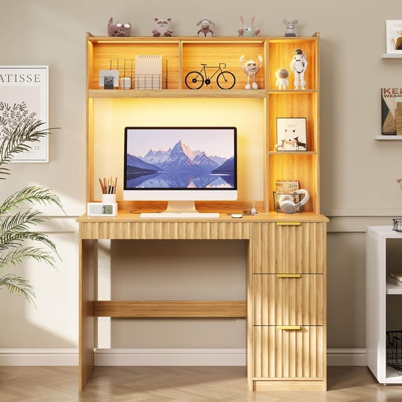 Gurexl 40'' Home Office Desk - with Hutch and 3 Color LED Lights,Computer Desk with Drawers, Power Outlet & USB Charging Station,Modern Writing Study Table with Storage Shelve for Bedroom,Natural