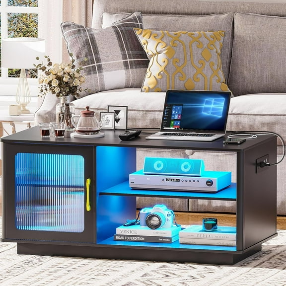 Gurexl 42.5''L Coffee Table with Charging Station, Auto Sensor 3 Color Dimmable Dining Table with Large Storage Cabinet for Living Room,LED Cocktail Table with USB Ports and Power Outlets
