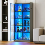 Gurexl 65 Tall Storage Cabinet, LED Curio Cabinets with Human Body Induction, 5 Tier Bookcase Display Case with Adjustable Shelves for Living Room Office Grey