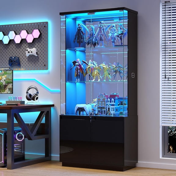 Gurexl 71" Tall Glass Display Cabinet - with LED Lights & Human Sensor, Locking Curio Cabinet with Adjustable Shelves, Modern Bookcase Display Case for Collectibles, Toys, Books, Living Room,Black