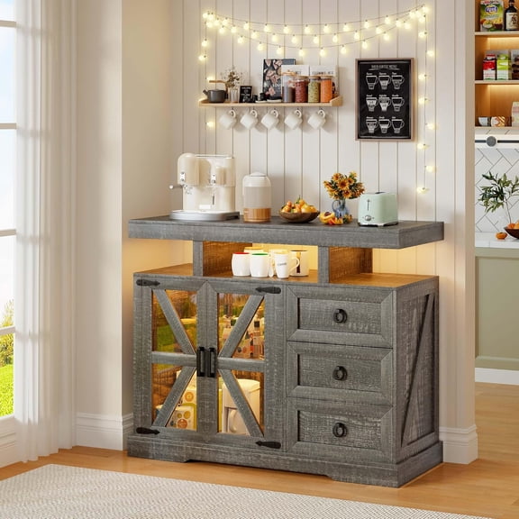 Gurexl Farmhouse Buffet With Storage, 40" W LED Sideboard With Wireless Charging Station, Auto Sensor RGB Coffee Bar With USB-C, 3 Drawers and Shelves, Oak