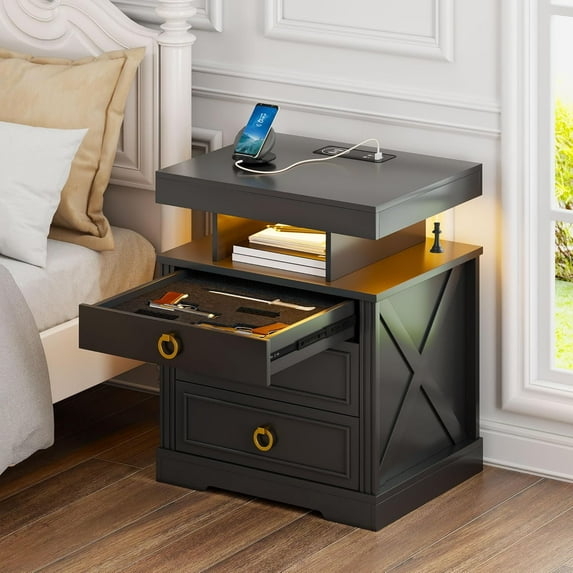 Gurexl Farmhouse Nightstand with Lockable Gun Drawer,3 Color Dimmable LED End Table with Charging Station,Bedside Table with Human Sensor Light,Night Stand with 3 Drawers for Bedroom,Black
