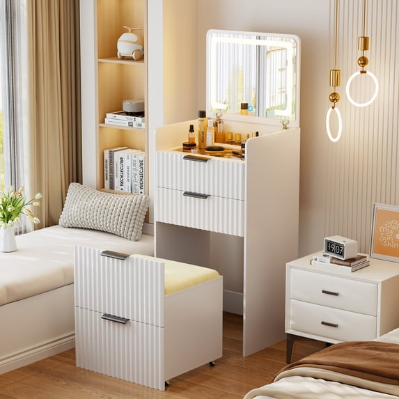Gurexl Fluted Small Vanity Desk with Mirror and Lights, 3-in-1 Compact Makeup Vanity Set with Hidden Storage Stool, Mini Dressing Table with 3 Drawers, Gift for Little Girls/Kids (White)